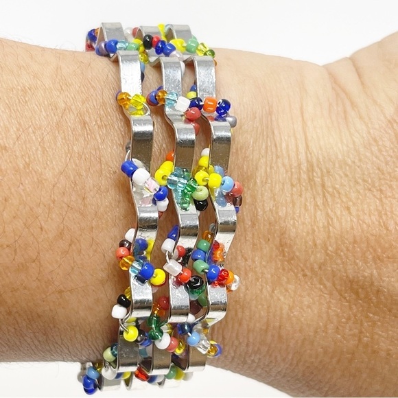 Silver Tone Seed Beads Layered Tiered Cuff Bracelet - Picture 2 of 10